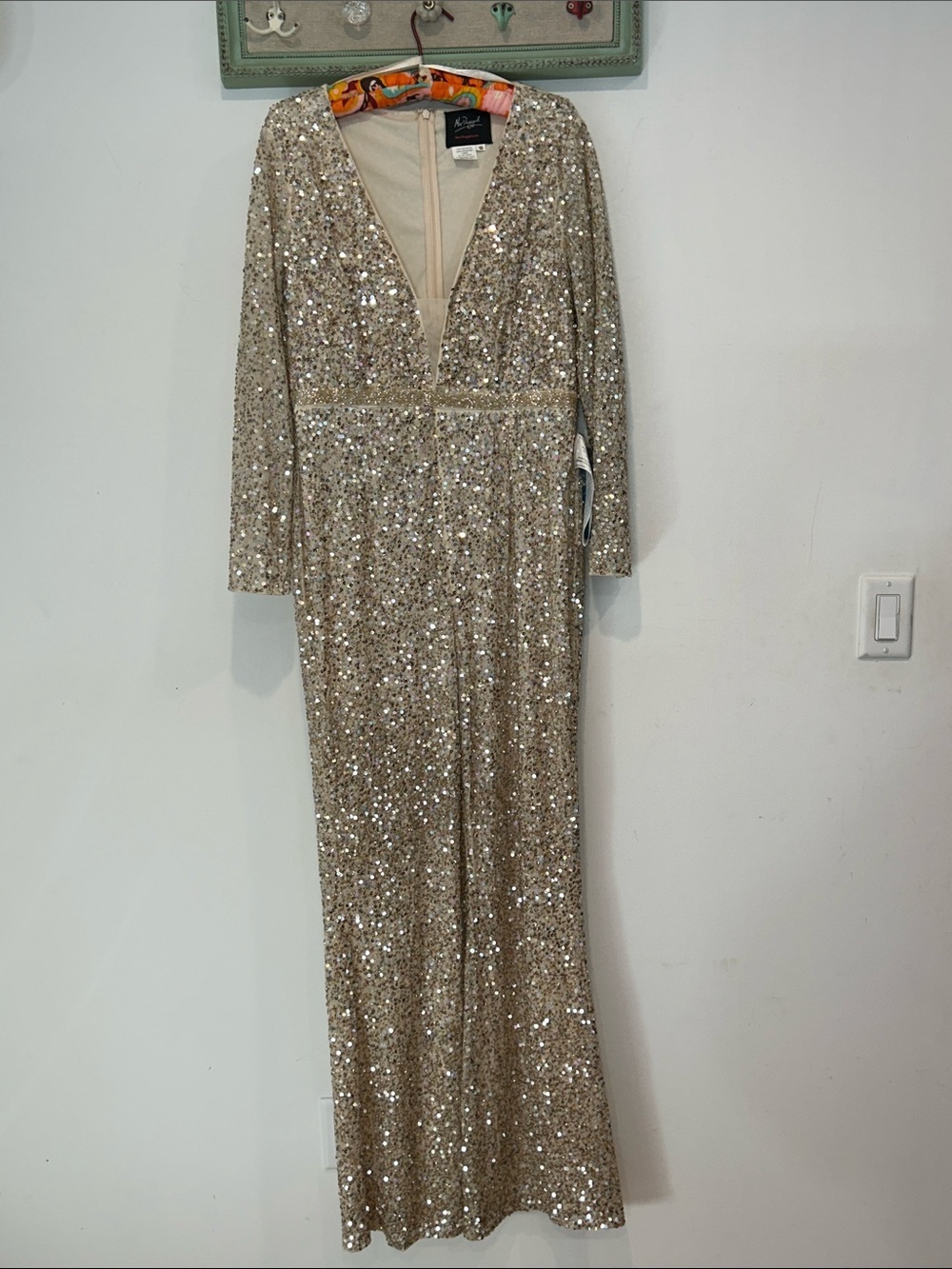 Mac Duggal Champagne disco Sequin Long Sleeve Jumpsuit women’s 12 studio 54 new